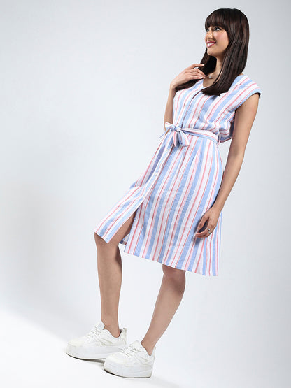 Sera Linen Lycra Women White Stripe knee length dress