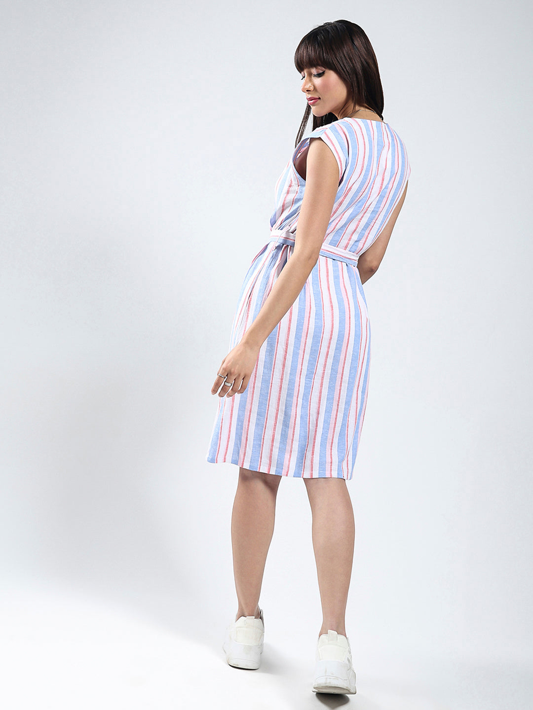 Sera Linen Lycra Women White Stripe knee length dress