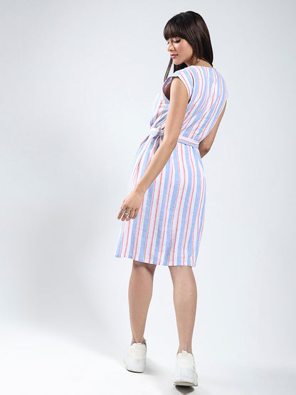 Sera Linen Lycra Women White Stripe knee length dress