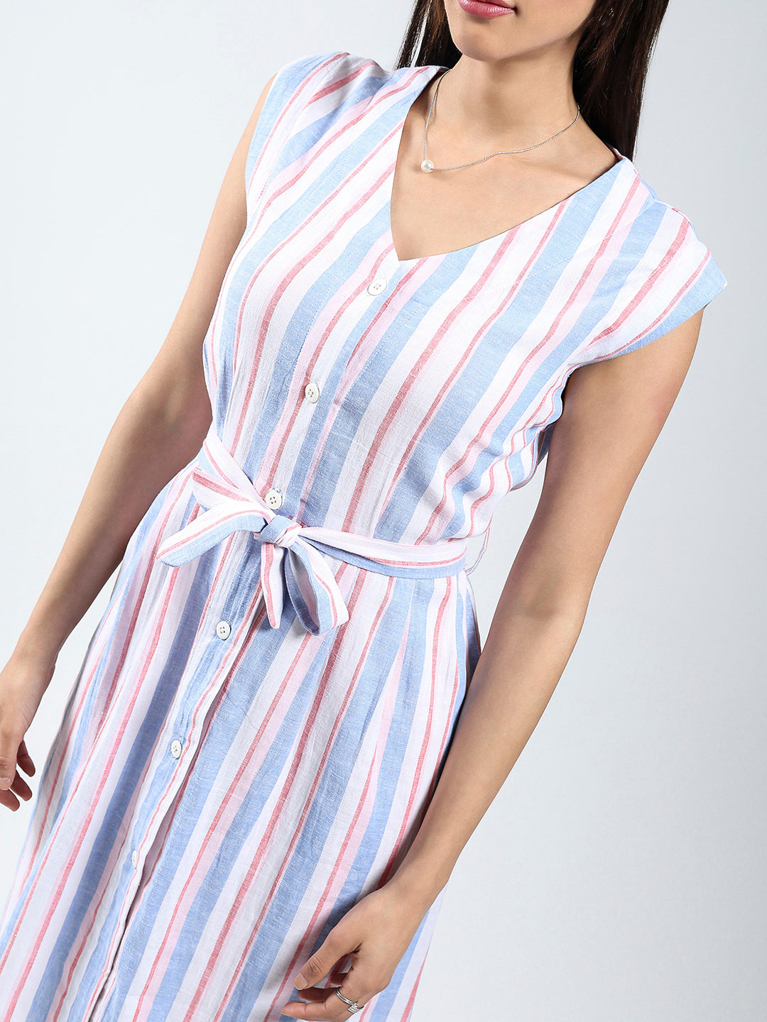 Sera Linen Lycra Women White Stripe knee length dress