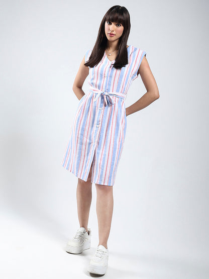 Sera Linen Lycra Women White Stripe knee length dress