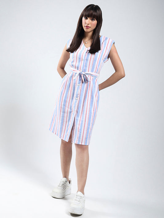 Sera Linen Lycra Women White Stripe knee length dress