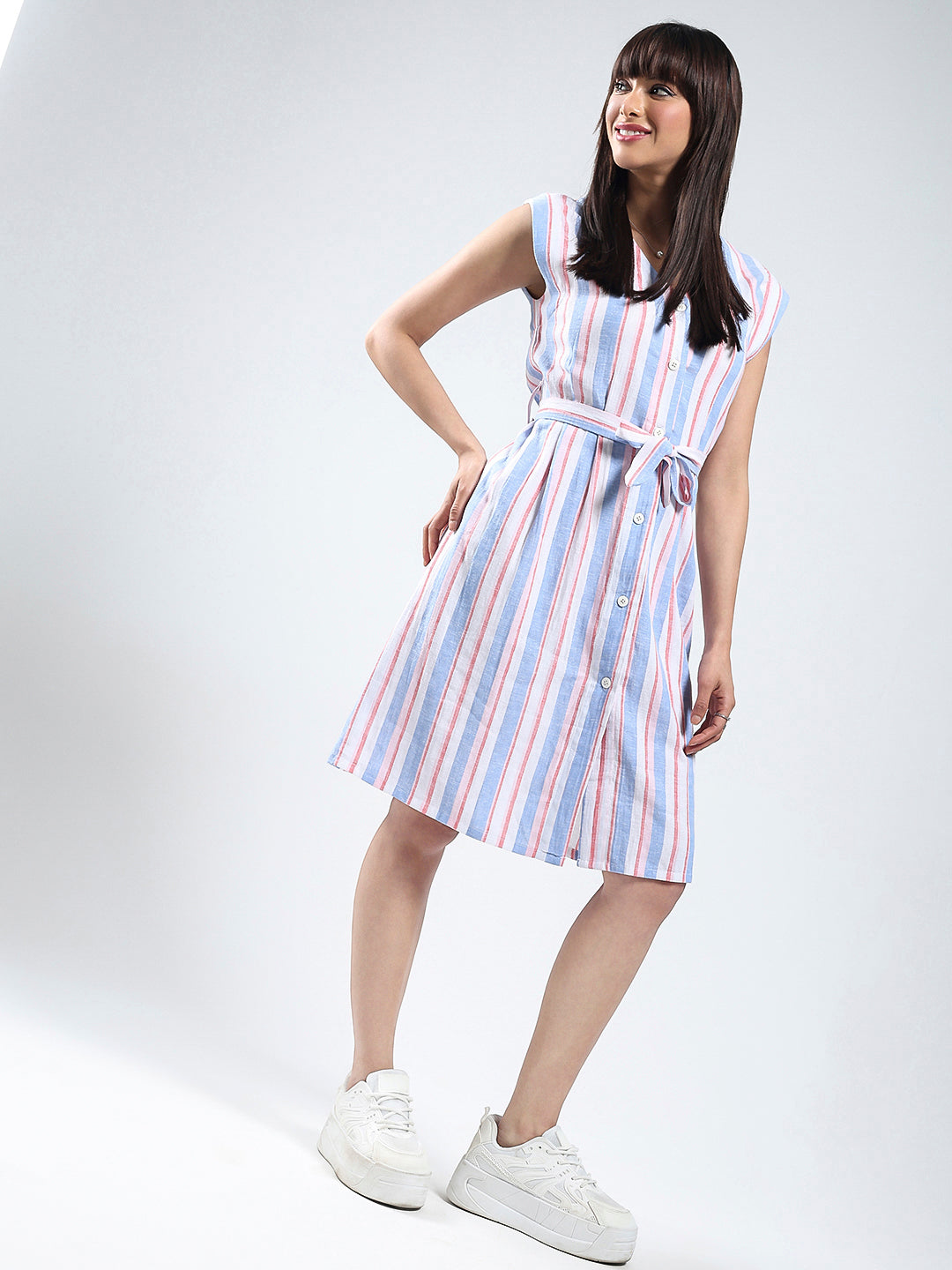 Sera Linen Lycra Women White Stripe knee length dress