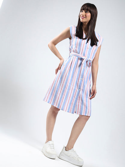 Sera Linen Lycra Women White Stripe knee length dress
