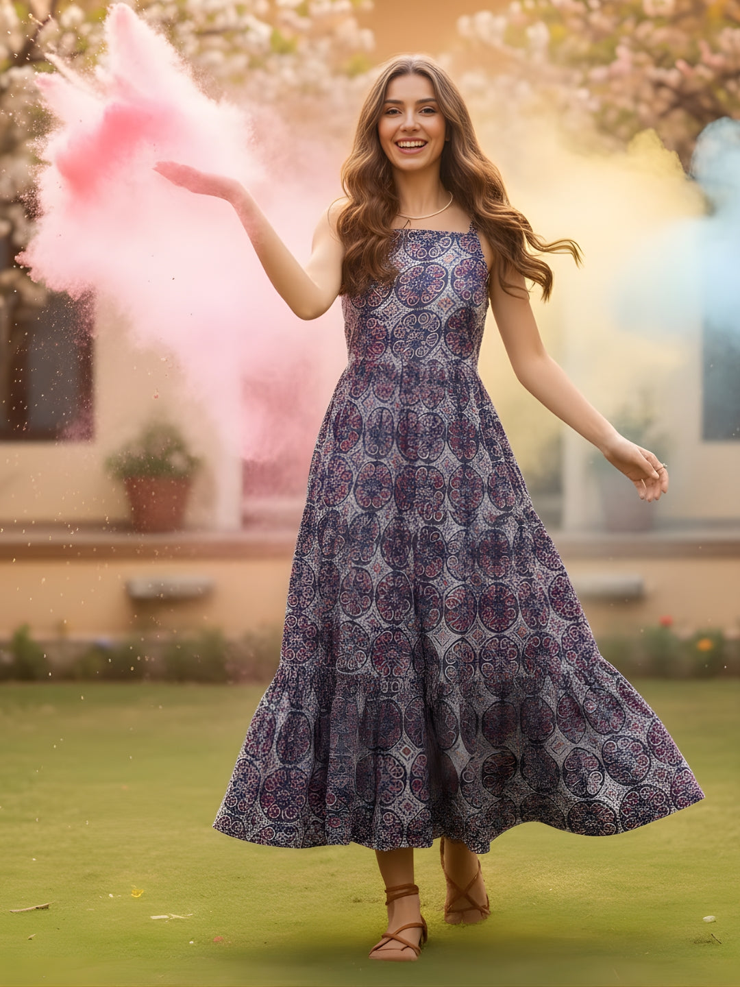 Cotton Boho Fit & Flared Midi Holi  Dress