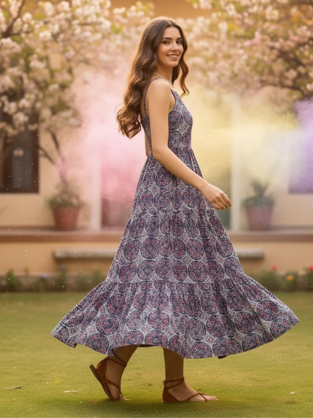 Cotton Boho Fit & Flared Midi Holi  Dress