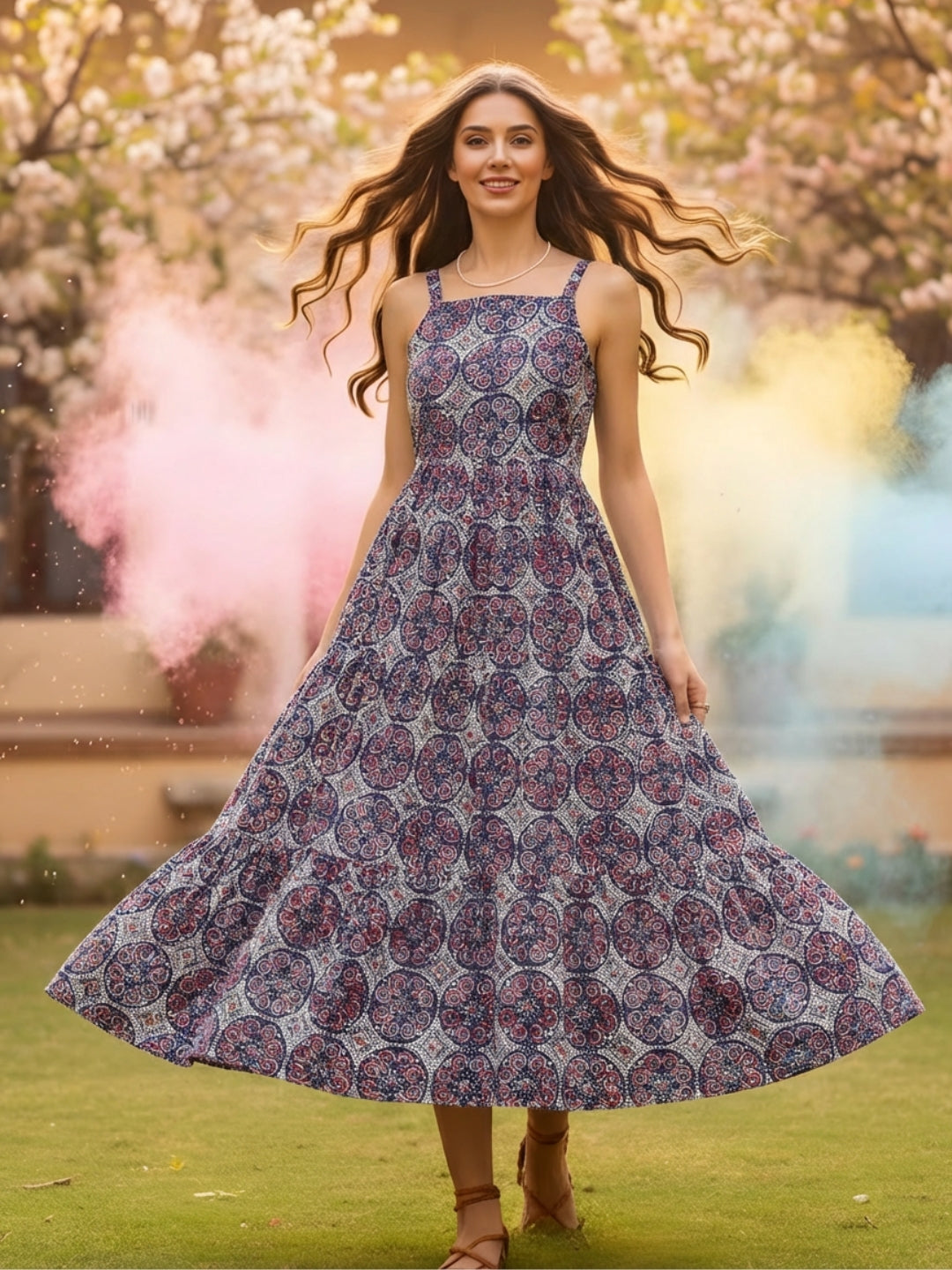Cotton Boho Fit & Flared Midi Holi  Dress