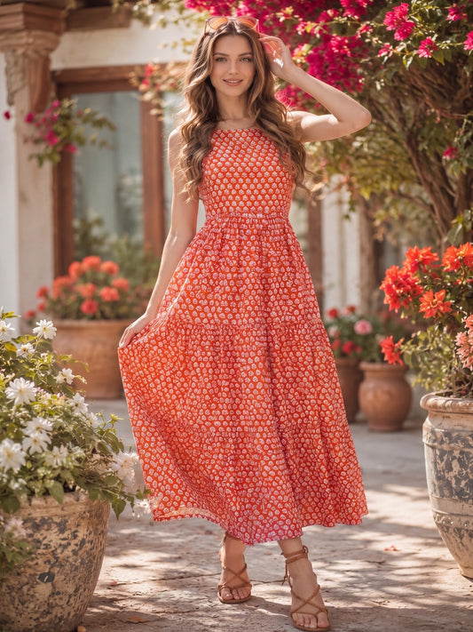 Cotton Boho Flared  Midi Dress