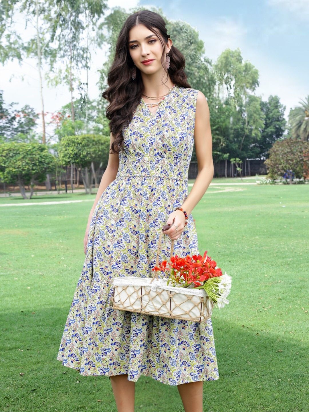 Cotton Boho Fit & Flared Midi Dress