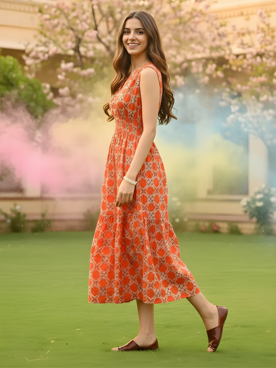 Cotton Boho Fit & Flared Midi Holi Dress