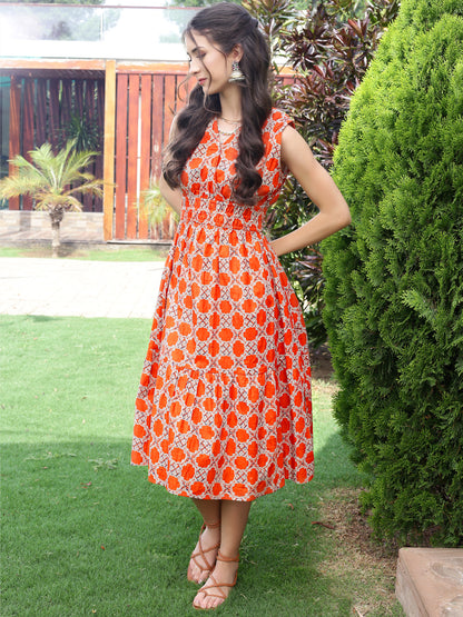 Cotton Boho Fit & Flared Midi Dress
