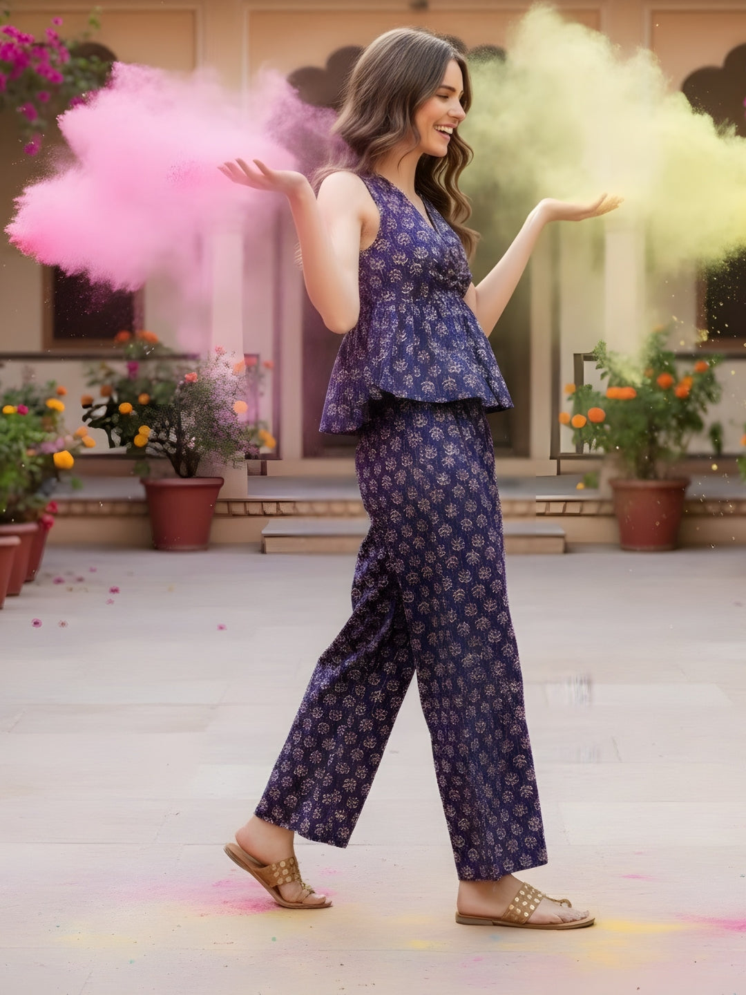 Cotton Holi Tie Front Boho Top & pallazo set