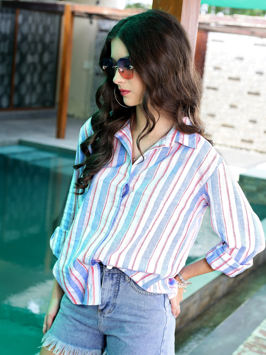 Strechable Linen Striped button down Cool Shirt