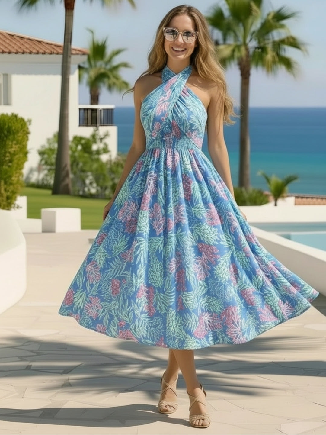 Tropic Twist Strapless Blue  Poolside Princess Vibes Midi Dress