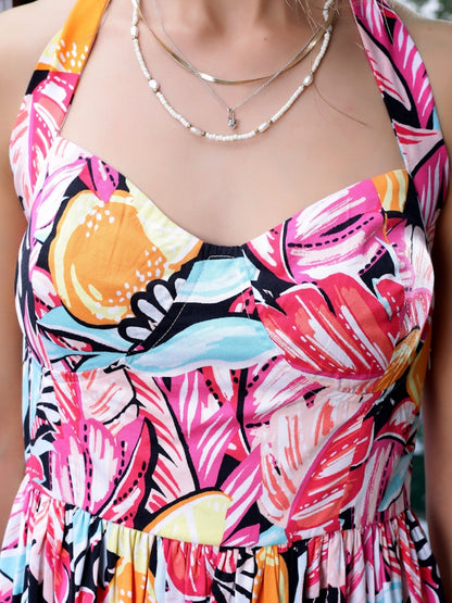 Vibrant Citrus Crush Halter  Bold Tropical Print Summer Vibes Mini Dress