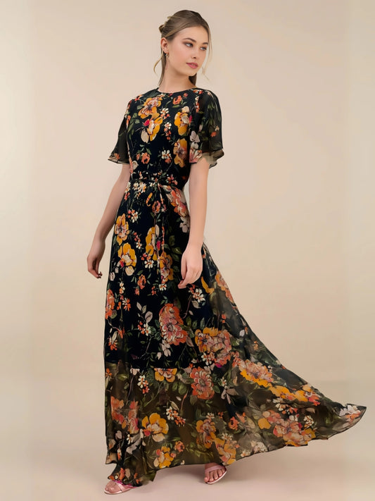 Midnight Garden Chiffon Midi Dress 🌙