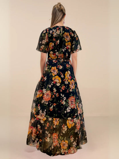 Midnight Garden Elegant Floral Chiffon Dress