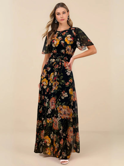Midnight Garden Elegant Floral Chiffon Dress