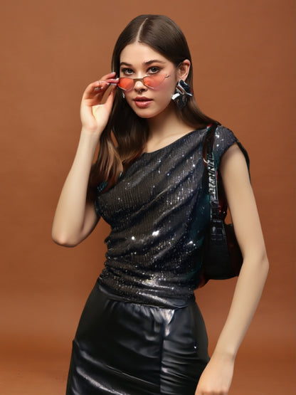Black Sequin One Shoulder Stylish Party Wear Shimmer Blouse Trendy Off Shoulder Evening Top