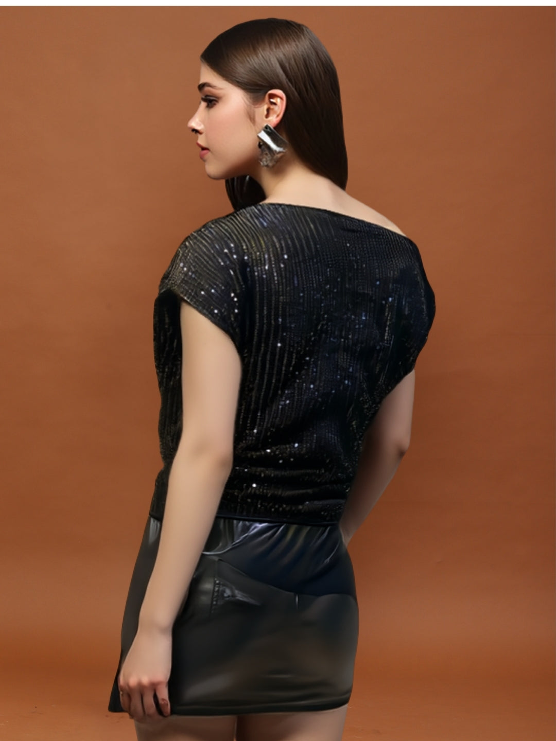Black Sequin One Shoulder Stylish Party Wear Shimmer Blouse Trendy Off Shoulder Evening Top