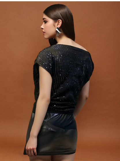 Black Sequin One Shoulder Stylish Party Wear Shimmer Blouse Trendy Off Shoulder Evening Top