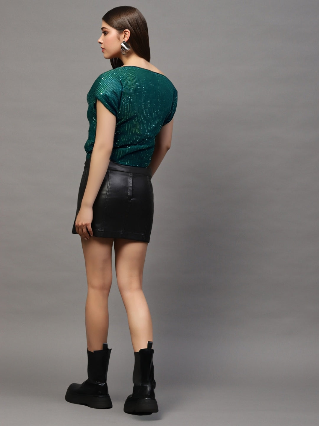 Green Sequin One Shoulder Stylish Party Wear  Trendy Off Shoulder Top