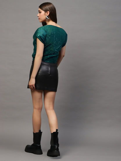 Green Sequin One Shoulder Stylish Party Wear  Trendy Off Shoulder Top