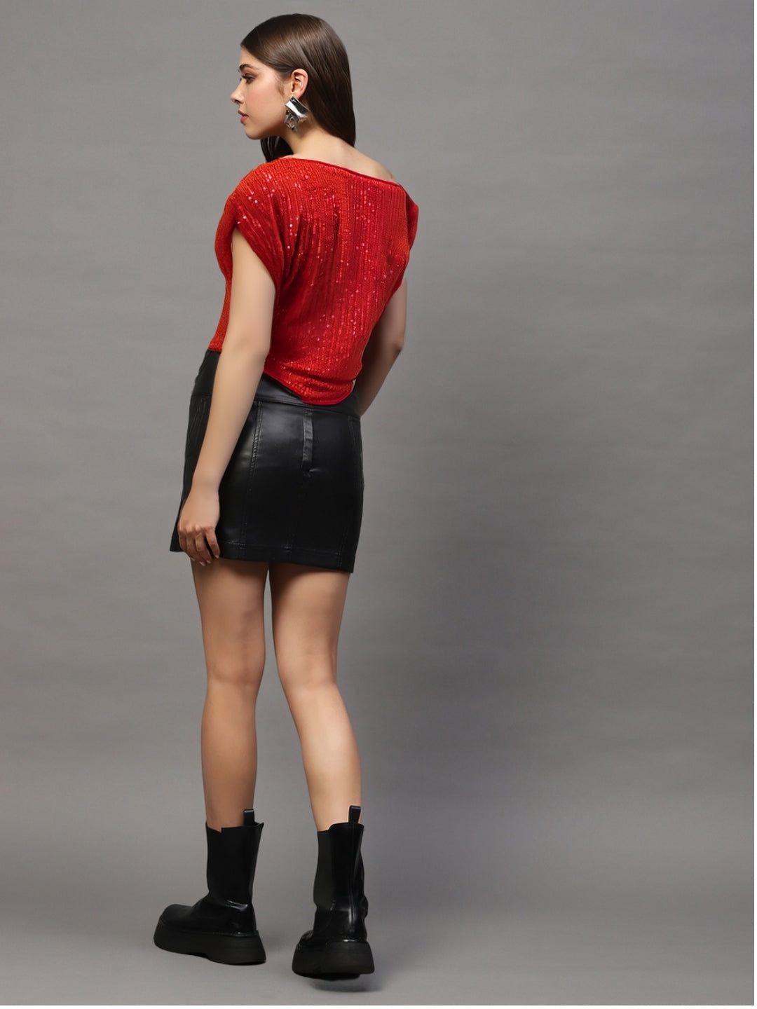 Red Sequin One Shoulder Stylish Party Wear Trendy Off Shoulder Evening Top