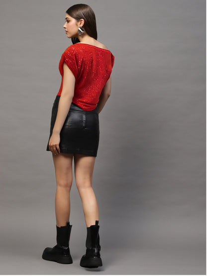 Red Sequin One Shoulder Stylish Party Wear Trendy Off Shoulder Evening Top