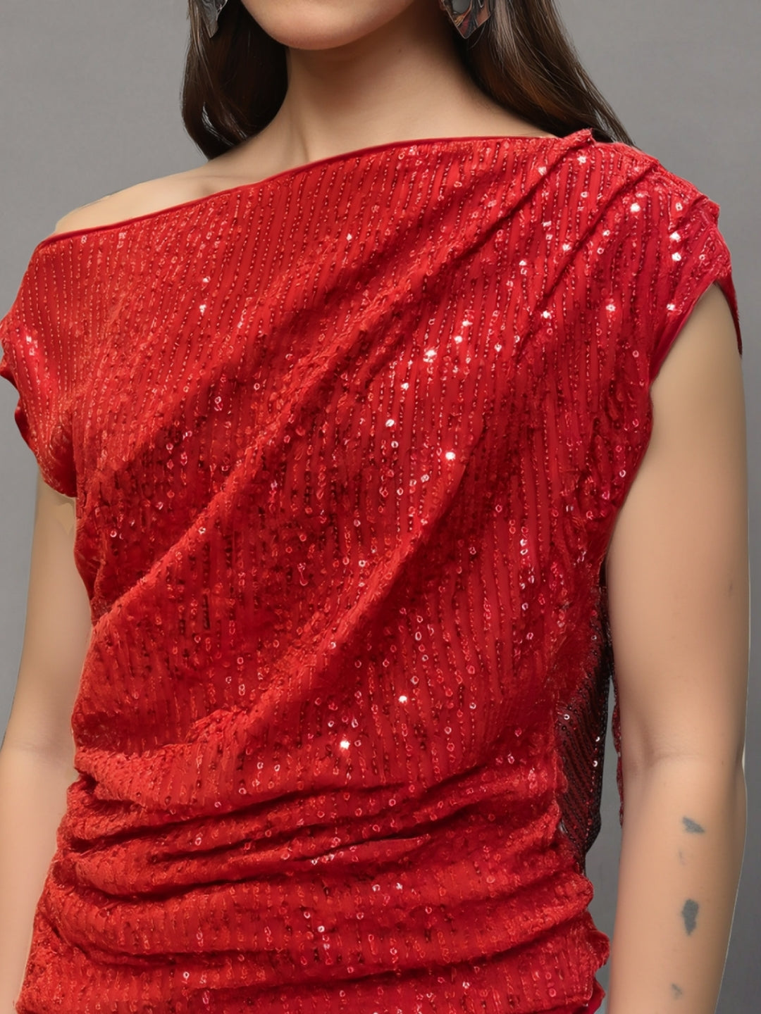 Red Sequin One Shoulder Stylish Party Wear Trendy Off Shoulder Evening Top
