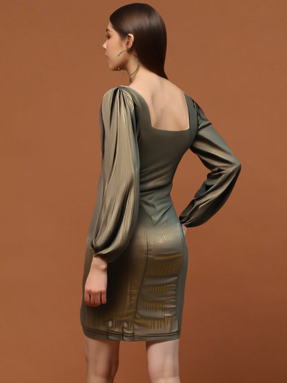Golden Shimmer Square Neck Bodycon Dress with Puff Sleeves – Party & Evening Wear