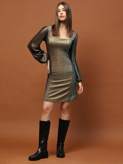 Golden Shimmer Square Neck Bodycon Dress with Puff Sleeves – Party & Evening Wear