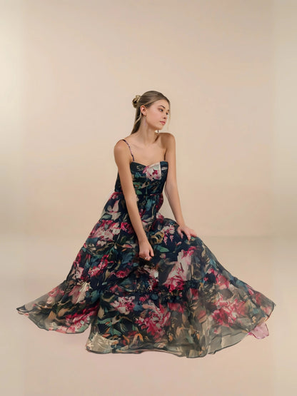 Midnight Bloom Organza Maxi Dress