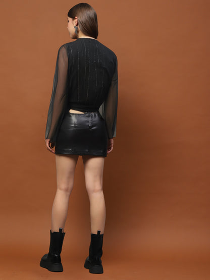 Midnight Muse Black Gen-Z Glam with Sheer Vibes Chiffon Wrap Top