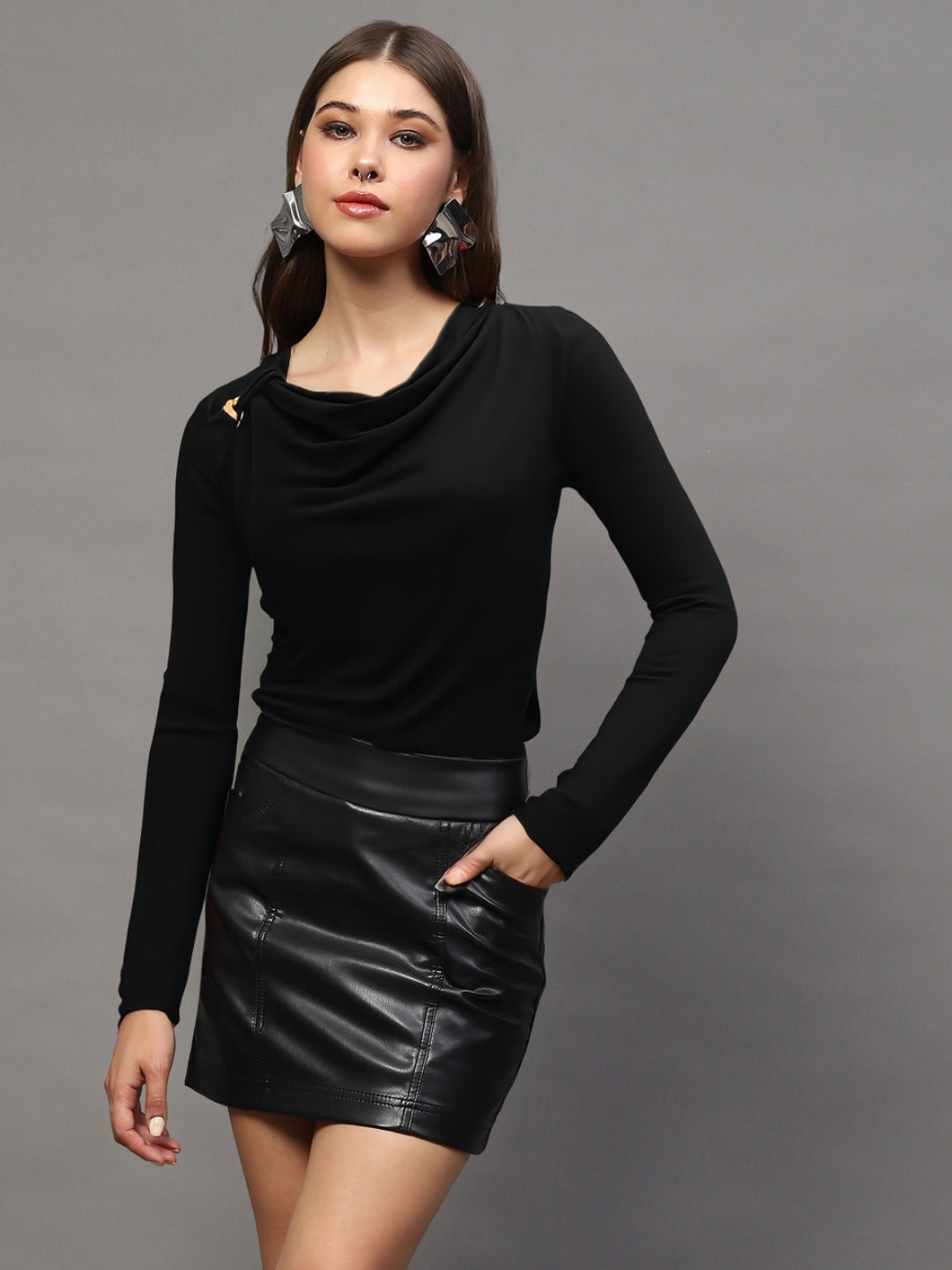 Black Draped Neck Stylish Long Sleeve Fitted  Elegant Casual Top