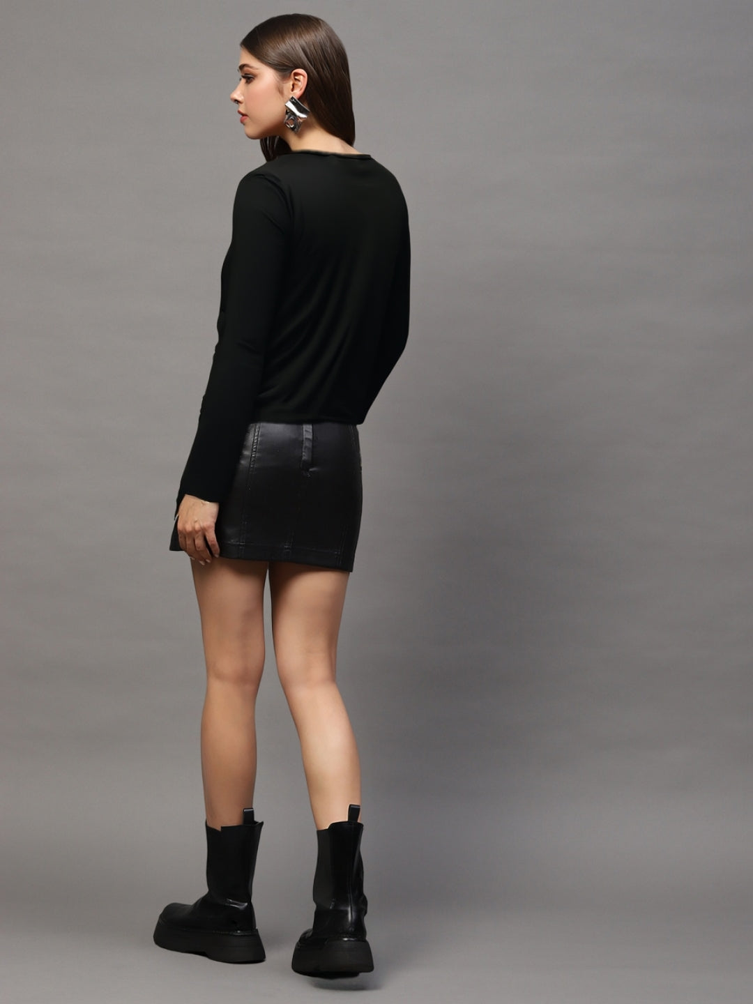 Black Draped Neck Stylish Long Sleeve Fitted  Elegant Casual Top