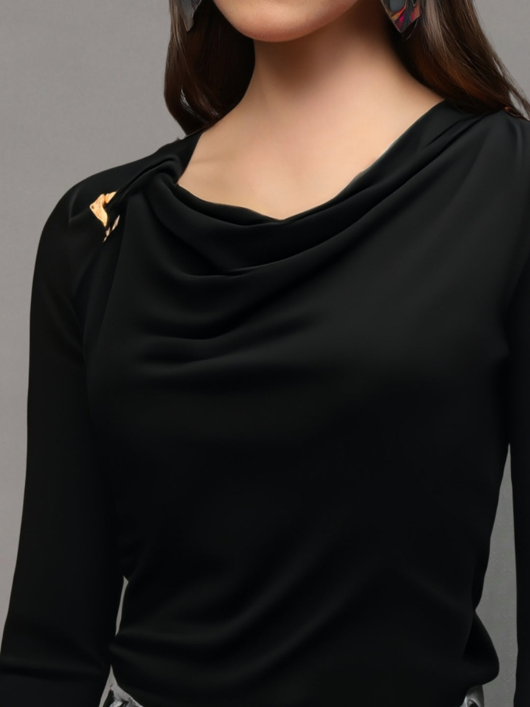 Black Draped Neck Stylish Long Sleeve Fitted  Elegant Casual Top
