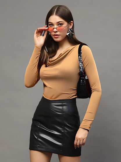 Dark Beige Draped Neck Stylish Long Sleeve Fitted Casual Top
