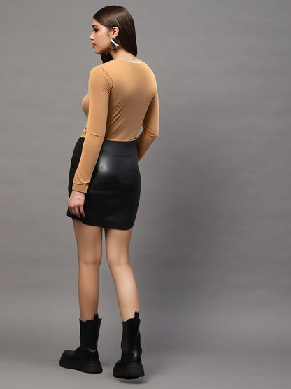 Dark Beige Draped Neck Stylish Long Sleeve Fitted Casual Top