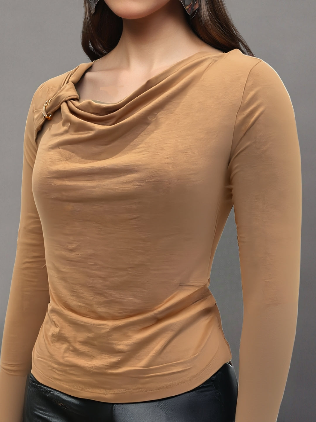 Dark Beige Draped Neck Stylish Long Sleeve Fitted Casual Top