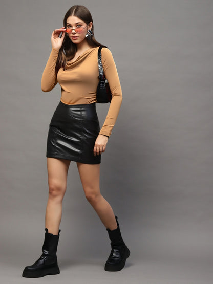 Dark Beige Draped Neck Stylish Long Sleeve Fitted Casual Top