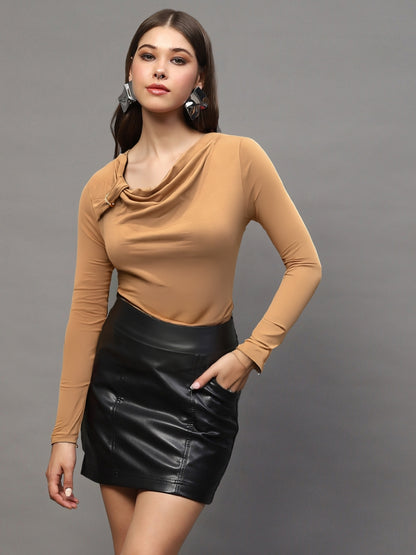 Dark Beige Draped Neck Stylish Long Sleeve Fitted Casual Top
