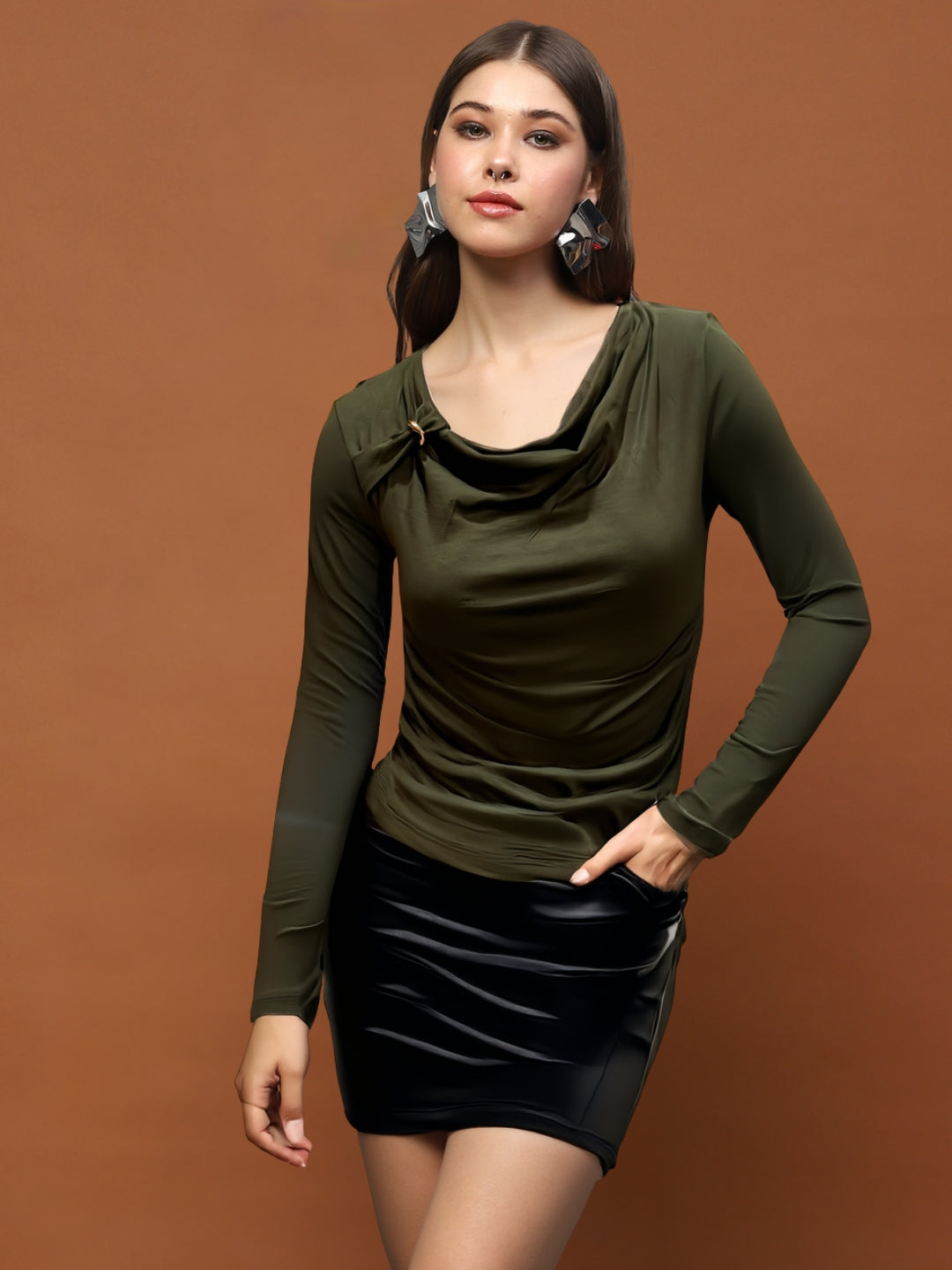 Olive Green Draped Neck Stylish Long Sleeve Fitted  Elegant Casual Top