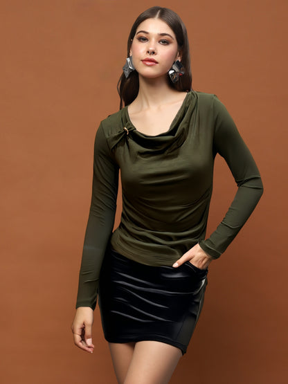 Olive Green Draped Neck Stylish Long Sleeve Fitted  Elegant Casual Top