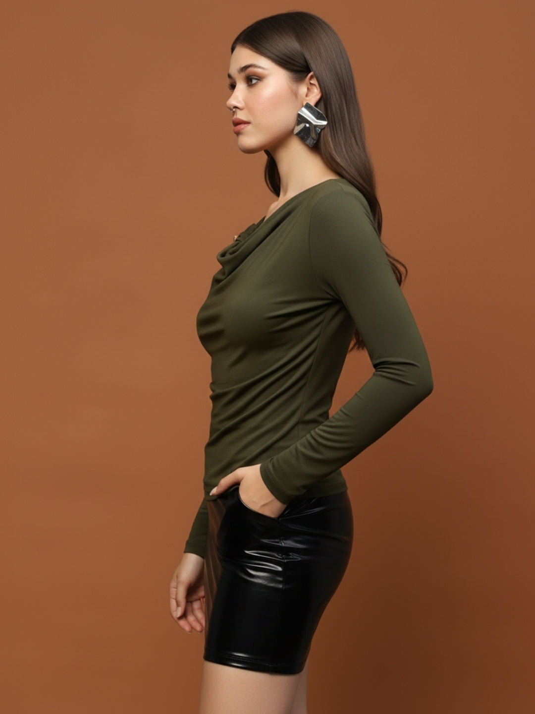 Olive Green Draped Neck Stylish Long Sleeve Fitted  Elegant Casual Top