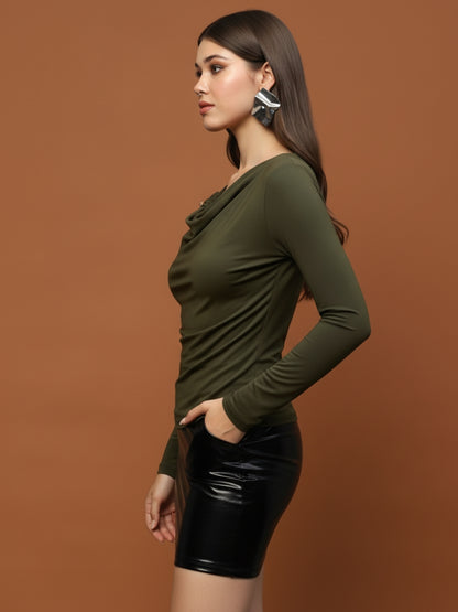 Olive Green Draped Neck Stylish Long Sleeve Fitted  Elegant Casual Top