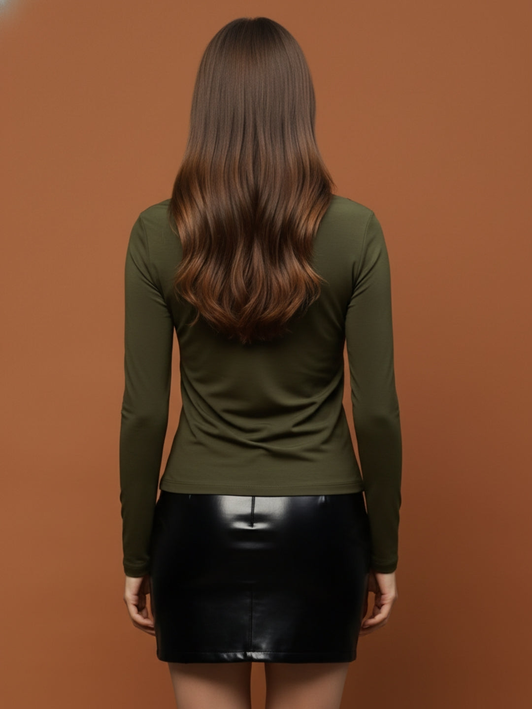 Olive Green Draped Neck Stylish Long Sleeve Fitted  Elegant Casual Top