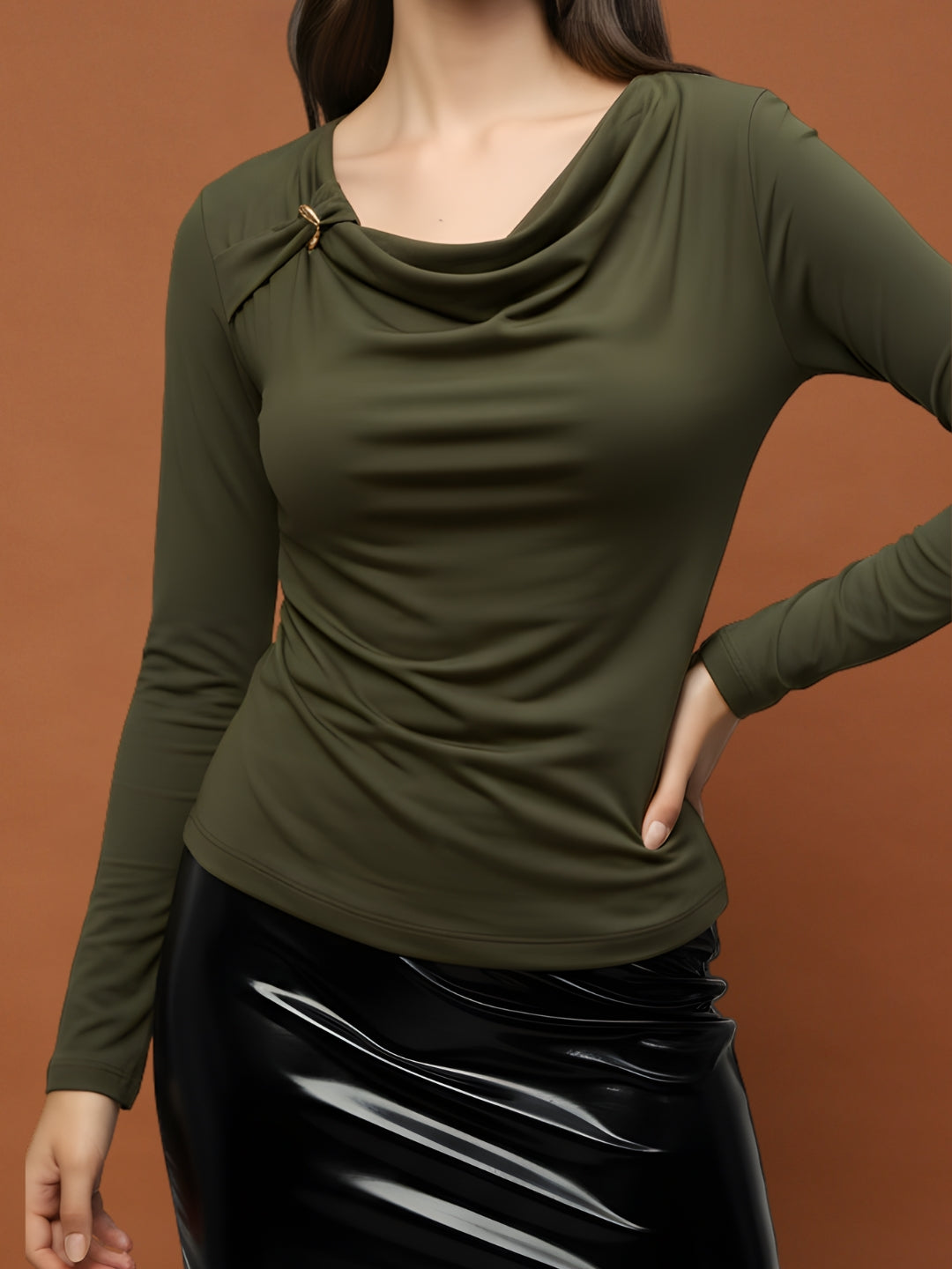Olive Green Draped Neck Stylish Long Sleeve Fitted  Elegant Casual Top