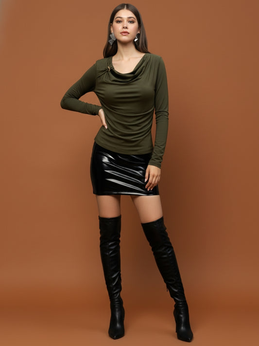 Olive Green Draped Neck Stylish Long Sleeve Fitted  Elegant Casual Top