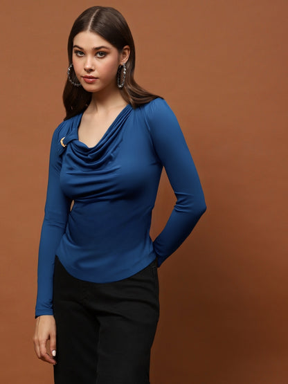 Blue Draped Neck Stylish Long Sleeve Elegant Casual Top